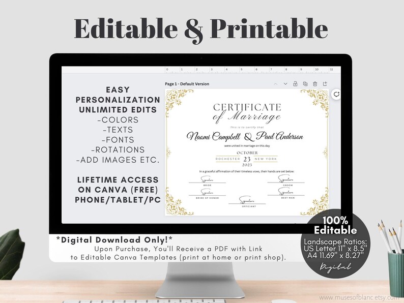 Editable Marriage Certificate Template, Printable Certificate of Marriage Keepsake, Custom Wedding Gift for Couples, Editable Canva Templates Digital Download Wedding Keepsake Custom Marriage Certificate Custom Certificate of Marriage Custom Keepsake