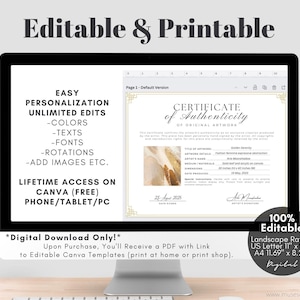 Editable Certificate of Authenticity for Artwork Template, Printable Authenticity Certificate, Artist Certificate COA Artist Documents, Editable Canva Templates - Digital Download Artist Certificate Artwork Authenticity Gold Certificate DIY Custom