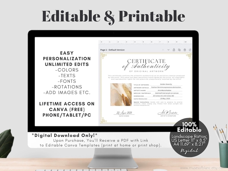 Editable Certificate of Authenticity for Artwork Template, Printable Authenticity Certificate, Artist Certificate COA Artist Documents, Editable Canva Templates - Digital Download Artist Certificate Artwork Authenticity Gold Certificate DIY Custom