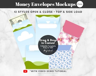 May include: Mockup of 12 different styles of money envelopes. The envelopes are open and closed, with top and side loading options. The envelopes feature various designs, including floral patterns, clouds, and a green landscape. The text "Drag & Drop in Canva!" is displayed on the image.