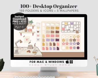 Kawaii Study Room Folder Icons, Pastel Desktop Organizer, Mac & Windows (Digital Download)