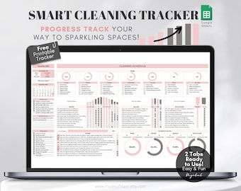 May include: A digital cleaning tracker spreadsheet with pink and gray accents. The spreadsheet includes a calendar, cleaning schedule, and progress tracking charts. The text "SMART CLEANING TRACKER" is at the top of the spreadsheet. The text "Free Printable Tracker" is in a pink box at the top left of the spreadsheet. The text "2 Tabs Ready to Use! Easy & Fun Digital" is in a pink box at the bottom right of the spreadsheet.