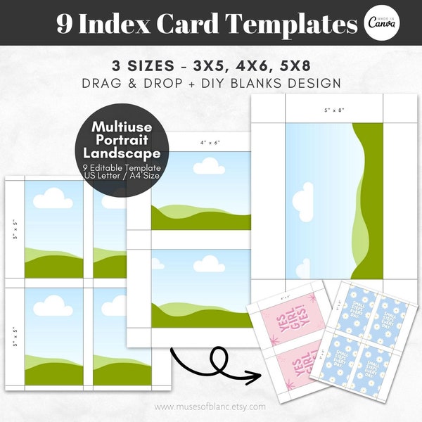 Drag and Drop Index Cards Template, Printable Index Cards, Canva Templates, 3x5, 4x6, 5x8 Flash Cards Printable Templates - Digital Download