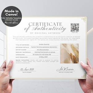 Editable Certificate of Authenticity for Artwork Template QR Code, Printable Certificate of Authenticity Artist COA, Editable Canva Template
