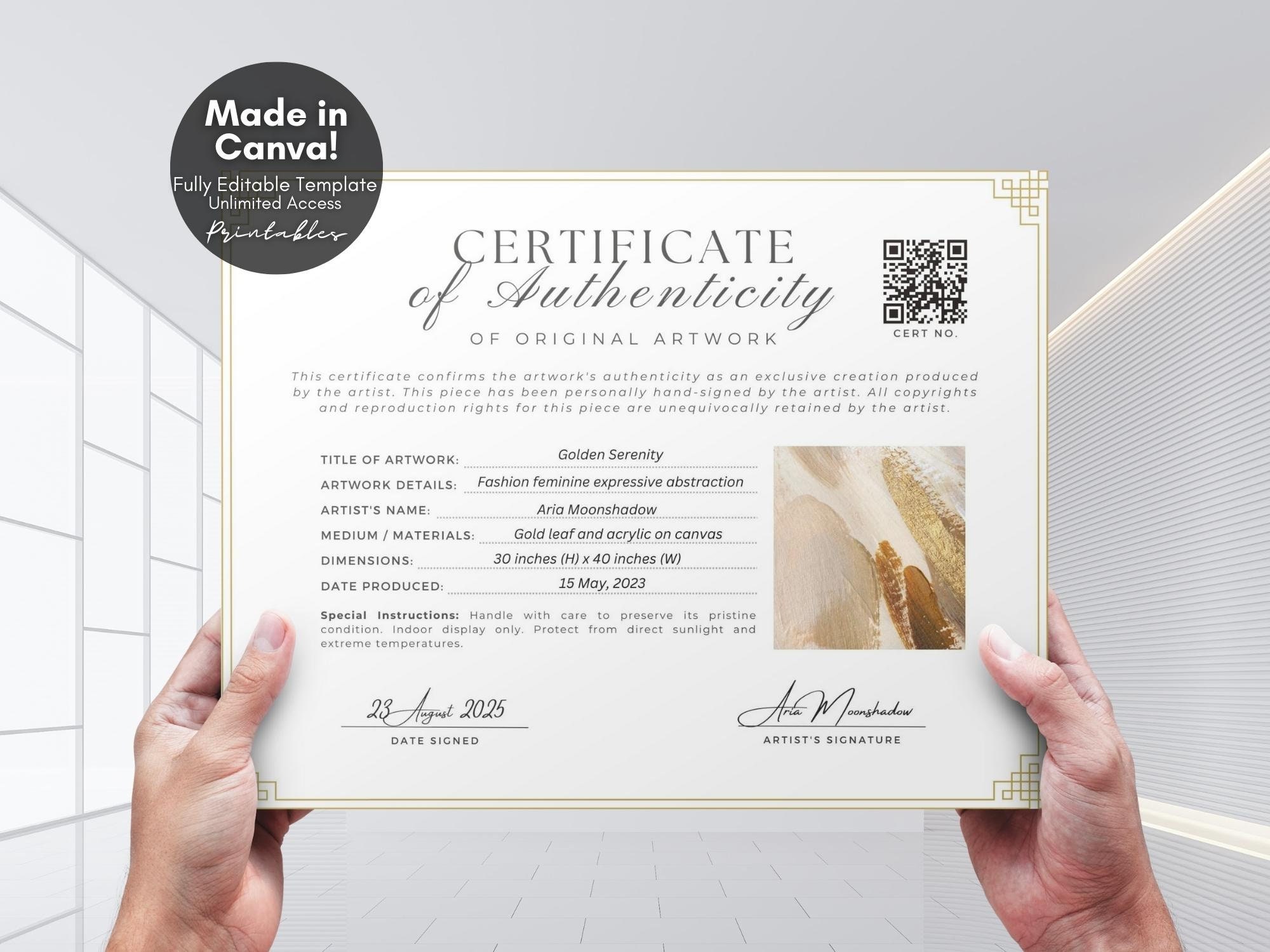 Editable Certificate of Authenticity for Artwork Template QR Code