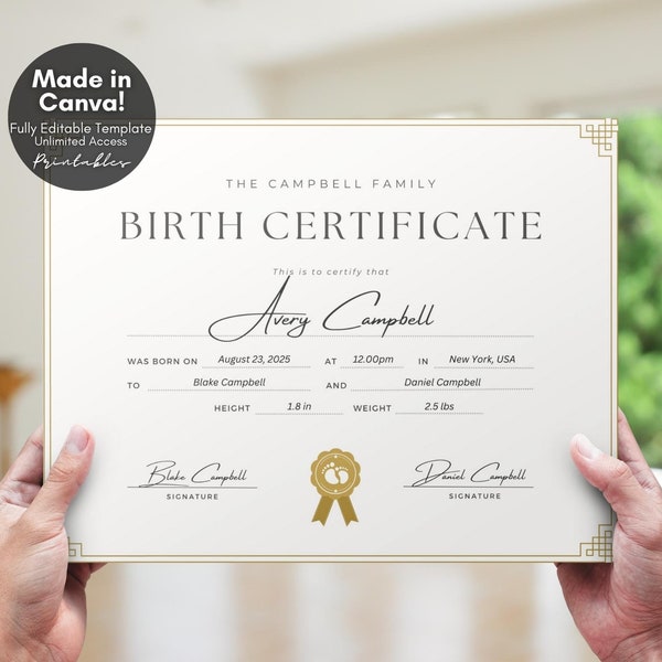 Editable Certificate of Birth Certificate Template, Baby Certificate, Baby Gift, Baby Keepsake, Editable Canva Template - Digital Download