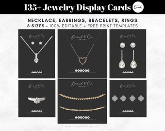 May include: A selection of jewellery display cards showcasing necklaces, earrings, bracelets, and rings. The cards are black with white text and display different jewellery designs. The text on the cards reads "135+ Jewelry Display Cards" and "Brand & Co. Jewellery".