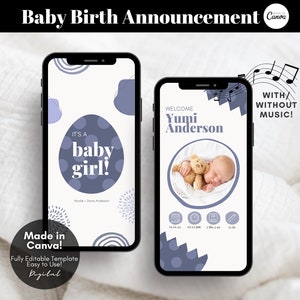 Digital Baby Birth Announcement Template, Mobile Birth Announcement with Baby Photo, Gender Neutral Newborn Baby Announcement Canva Template