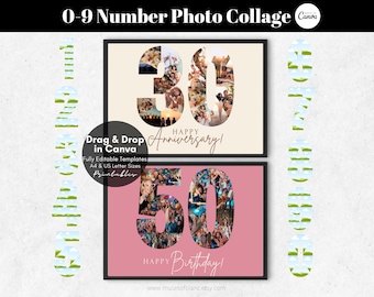 Drag and Drop Custom Number Frames Photo Collage Template, Any Number Collage Canva Frame 0-9 Digit Collage, DIY Anniversary Birthday Gift