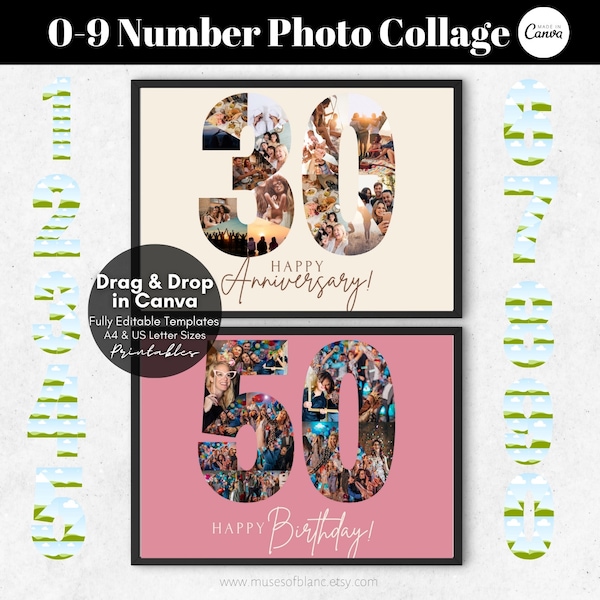 Drag and Drop Custom Number Frames Photo Collage Template, Any Number Collage Canva Frame 0-9 Digit Collage, DIY Anniversary Birthday Gift