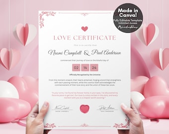 Editable Certificate of Love Couple Gift Keepsake, Personalized Valentines Day Gift DIY Love Certificate Template, Romantic Gifts for Her