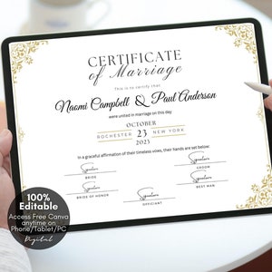 Editable Marriage Certificate Template, Printable Certificate of Marriage Keepsake, Custom Wedding Gift for Couples, Editable Canva Templates Digital Download Wedding Keepsake Custom Marriage Certificate Custom Certificate of Marriage Custom Keepsake