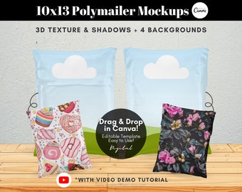 Drag and Drop Polymailer Mockup Template, 10x13 Poly Mailer Bubble Mailer Mockup, Shipping Packaging Mockup Product, Editable Canva Mockup