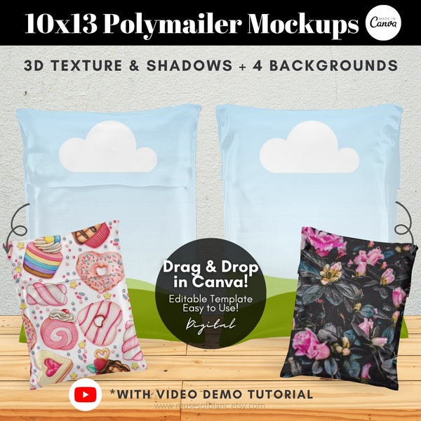 Drag and Drop Polymailer Mockup Template, 10x13 Poly Mailer Bubble Mailer Mockup, Shipping Packaging Mockup Product, Editable Canva Mockup