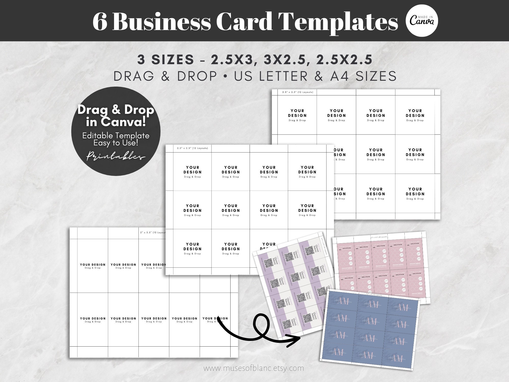 Drag and Drop Business Cards Template, Printable Business Cards, Canva  Templates, 2.5x3 Cards, 2.5x2.5 Square Cards Digital Download 