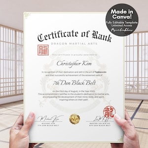 May include: A certificate of rank for Taekwondo, awarded to Christopher Kim for achieving the 7th Dan Black Belt on August 23rd, 2023. The certificate features a red dragon design and the text "DRAGON MARTIAL ARTS".
