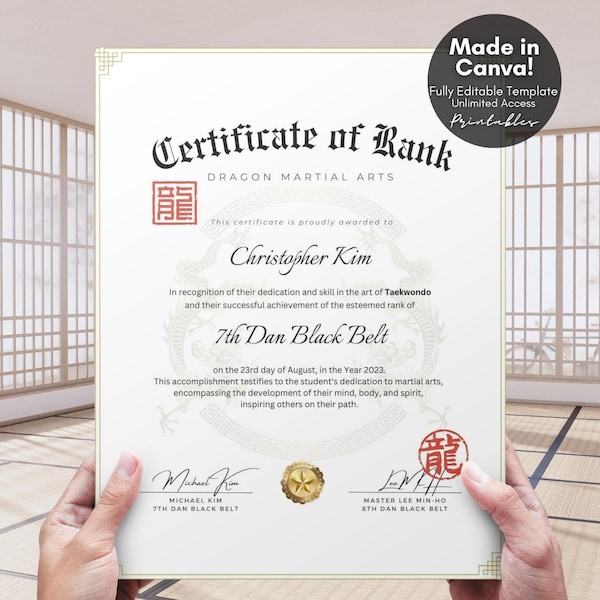 Editable Certificate of Rank Recognition for Martial Arts Certification, Martial Arts Gifts, Editable Canva Templates - Digital Download