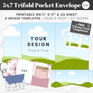 Drag and Drop Trifold Pocket Envelope Template, Printable 5x7 Tri Fold Pocketfold Envelope DIY Wedding Invitation Template, Canva Template