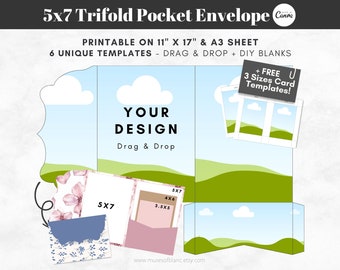 Drag and Drop Trifold Pocket Envelope Template, Printable 5x7 Tri Fold Pocketfold Envelope DIY Wedding Invitation Template, Canva Template