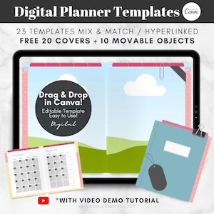 May include: A digital planner template displayed on a tablet screen. The template is pink and white with a calendar and a section that says "Drag & Drop in Canva!"  The text "23 Templates Mix & Match / Hyperlinked" and "Free 20 Covers + 10 Movable Objects" is also visible.