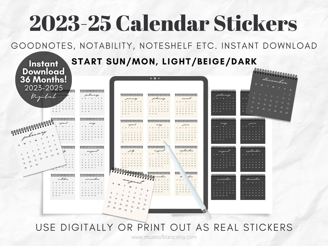 Monthly Calendar Digital Stickers 2023 2024 2025 Mini Etsy
