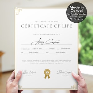 Editable Certificate of Life Baby Memorial Gift, Baby Life Certificate Angel Baby Loss Miscarriage Keepsake for Mom, Editable Canva Template