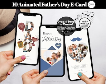 Editable Father's Day Cards Template, Animated Happy Fathers Day E-Card, Photo Collage Cards, Custom Greeting Card DIY Gift Idea for Dad