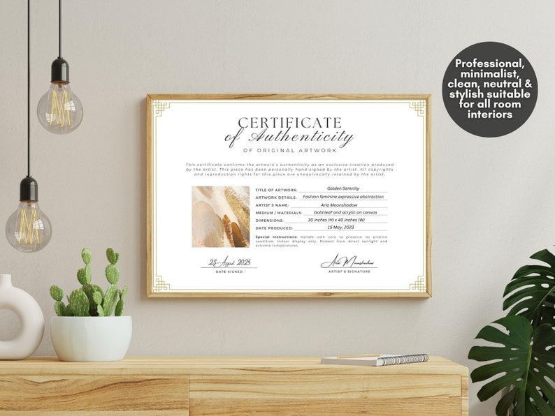 Editable Certificate of Authenticity for Artwork Template, Printable Authenticity Certificate, Artist Certificate COA Artist Documents, Editable Canva Templates - Digital Download Artist Certificate Artwork Authenticity Gold Certificate DIY Custom