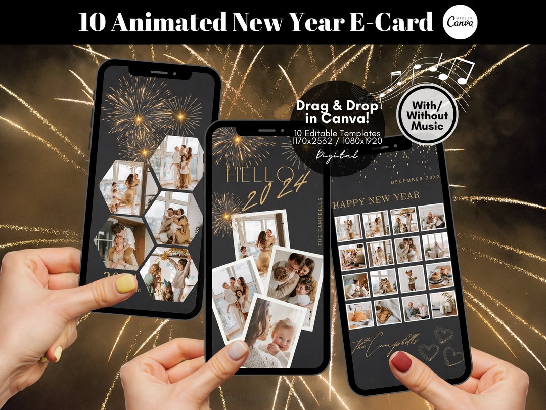 Editable Digital New Year Card Template, Animated New Year Ecard