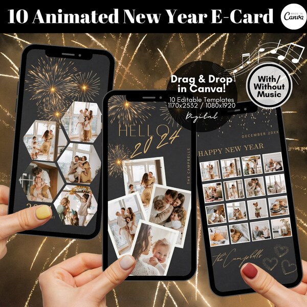 Editable Digital New Year Card Template, Animated New Year E-Card Template, Photo Collage New Year Card, Custom New Year Greeting Cards 2024