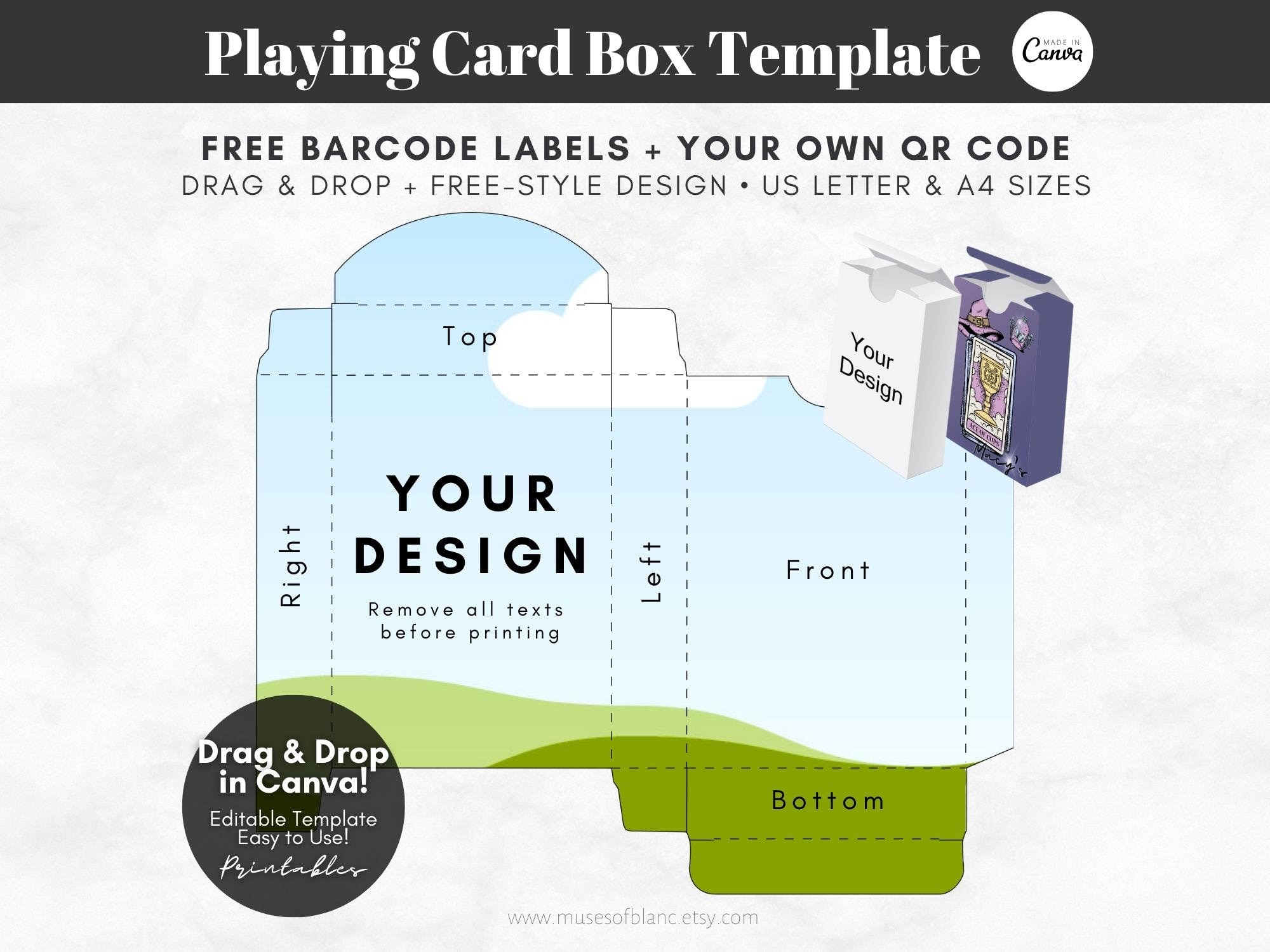 Drag and Drop Playing Cards Box Template, Custom Blank Tuck Box Template for Poker Cards, Affirmation Cards, Tarot Cards Deck Box Template