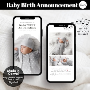 Digital Baby Birth Announcement Template, Mobile Birth Announcement with Baby Photo, Gender Neutral Newborn Baby Announcement Canva Template