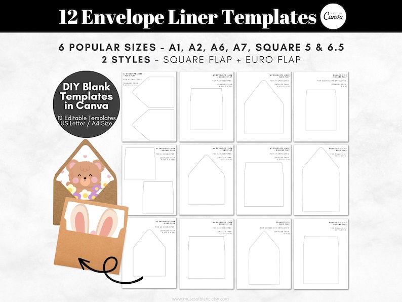 DIY Printable Envelope Liner Templates, Editable Canva Templates, Print and Cut A1 A2 A6 A7 Square Envelope Templates, Customised Envelope Liner - Digital Download, Editable Envelope Liner Square Flap, Customised Envelope Liner Euro Flap, A7 Liner