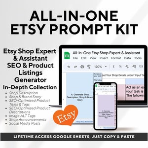 All in One Etsy Shop SEO Prompt Kit, Etsy SEO Guide Product Listings Generator, ChatGPT Prompts for Etsy Sellers, Etsy Shop Digital Download