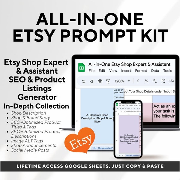 All in One Etsy Shop SEO Prompt Kit, Etsy SEO Guide Product Listings Generator, ChatGPT Prompts for Etsy Sellers, Etsy Shop Digital Download