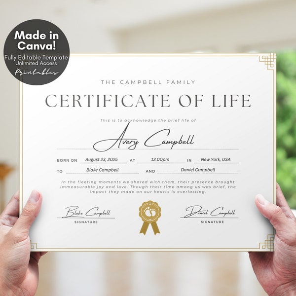 Editable Certificate of Life Baby Memorial Gift, Baby Life Certificate Angel Baby Loss Miscarriage Keepsake for Mom, Editable Canva Template