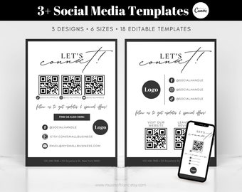 Editable Social Media Signs Template, Let’s Connect With Us QR Code Sign, Facebook Instagram Sign, Custom Business Sign DIY, Canva Template