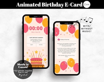 Editable Ecard Birthday Card Template, Ecard Animated Birthday Card Template, Ecard with Music, Editable Template Canva - Digital Download
