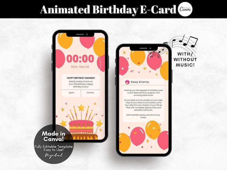 Editable Ecard Birthday Card Template, Ecard Animated Birthday Card Template for Mobile Phones, Video Card Ecard with Music, Editable Template Canva - Digital Download, Digital Gift Template, Digital Gift Card Template, Birthday Ecard with Music