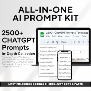 2500+ Ultimate AI ChatGPT Prompt Templates, Google Sheets, AI Prompt Guide, Businesses, Digital Marketers, GPT Prompts - Digital Download