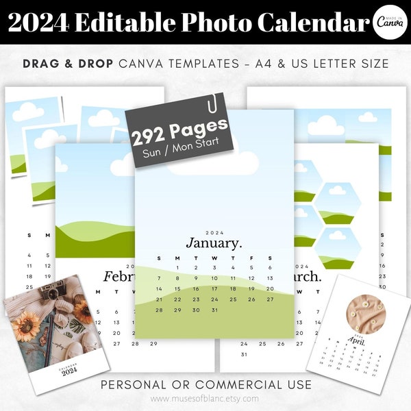 2024 Editable Calendar Template, 2024 Monthly Calendar, 2024 Photo Calendar Printable Wall Calendar, Desk Calendar, Digital Planner Calendar