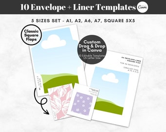 Drag and Drop Printable Envelope Template, Custom Envelope Liner Templates, A1 A2 A6 A7 Square Envelope, DIY Cards, Editable Canva Templates