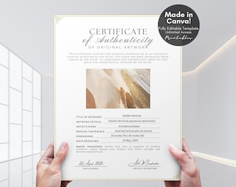 Editable Certificate of Authenticity for Artwork Template, Printable Certificate of Authenticity Artist COA Canva Template, Digital Download