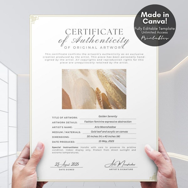 Editable Certificate of Authenticity for Artwork Template, Printable Certificate of Authenticity Artist COA Canva Template, Digital Download