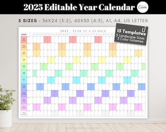 Editable 2025 Calendar Printable Year Planner, Year at a Glance 2025 Wall Calendar Annual Calendar Custom Printable Calendar, Canva Template