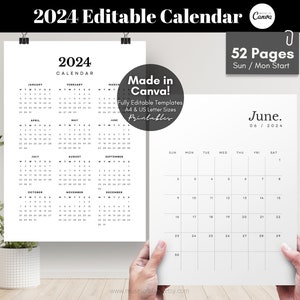 Könnte beinhalten: Ein minimalistischer 2024-Kalender in Schwarz und Weiß. Das Bild zeigt eine Jahresübersicht und ein Monatslayout. Der Text "2024 CALENDAR" steht oben. Der Text "Made in Canva!" und "52 Pages" sind ebenfalls enthalten.