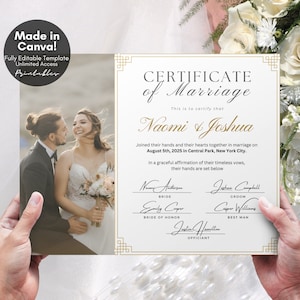 Editable Marriage Certificate Template, Printable Certificate of Marriage Keepsake, Custom Wedding Gift for Couple Wedding Photo, Canva