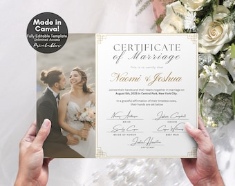 Editable Marriage Certificate Template, Printable Certificate of Marriage Keepsake, Custom Wedding Gift for Couple Wedding Photo, Canva