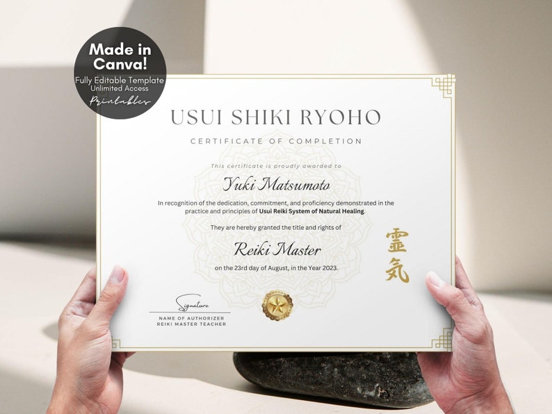 Editable Reiki Certificate of Completion, Usui Shiki Ryoho Reiki Attunement Certification, Printable Certificate of Reiki Healing, Custom Certificate Template, Editable Canva Templates - Digital Download Reiki Master Reiki First Degree Reiki Second