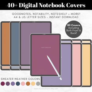 Könnte beinhalten: Ein Set mit 80 Designs für digitale Notizbuchcover in verschiedenen Farben, einschließlich Vorder- und Rückseite. Die Cover sind für die Apps Goodnotes, Notability und Noteshelf konzipiert. Die Farben sind vom Herbstwetter inspiriert und umfassen Farbtöne von Lila, Rosa, Braun und Grau. Der Text "40+ Digital Notebook Covers" und "80 Covers Including Both Front & Back!" ist auf dem Bild sichtbar. Der Text "SWEATER WEATHER COLORS" ist ebenfalls auf dem Bild sichtbar.